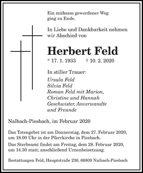 Traueranzeigen Von Herbert Feld Saarbruecker Zeitung Trauer De