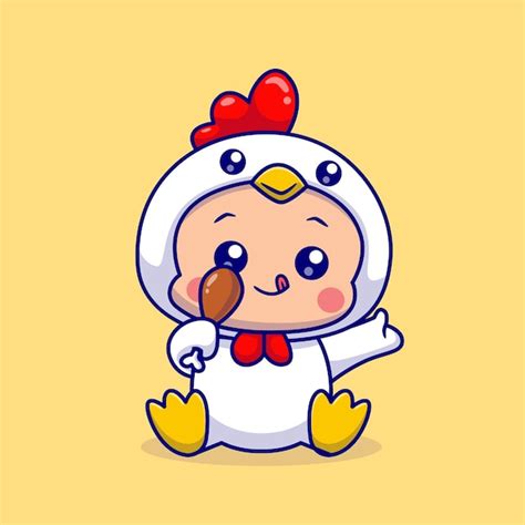 Niño Lindo Con Traje De Pollo Con Pollo Frito Dibujos Animados Vector