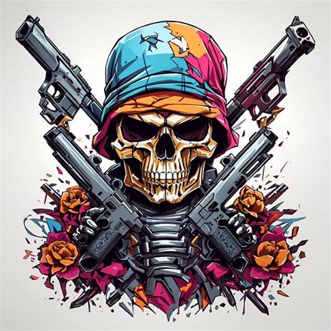 Premium AI Image A Skull With Guns And Colourful Style For Tshirt Design