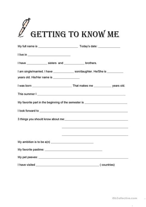 Getting To Know Me Worksheet Free Esl Printable Worksheets Made By