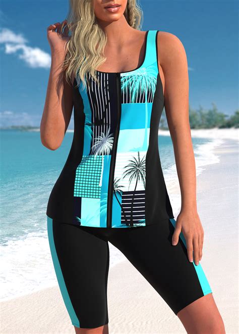 Zipper Tropical Plants Print Cyan Tankini Top Modlily Usd