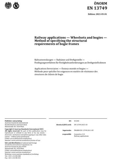 ONORM EN 13749 2021 Railway Applications Wheelsets And Bogies