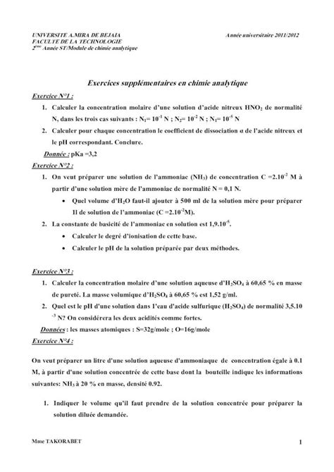 Pdf Exercices Suppl Mentaires En Chimie Analytique