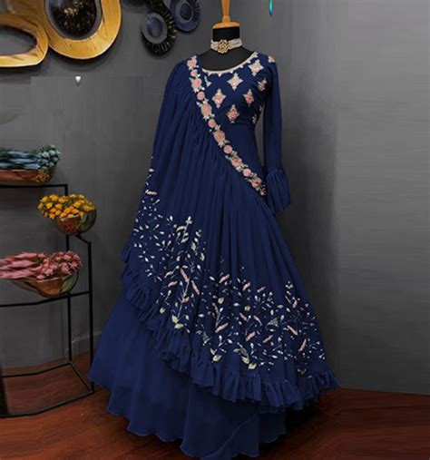 Heavy Embroidered Blue Chiffon Full Mirror Work Maxi RM 130 Online