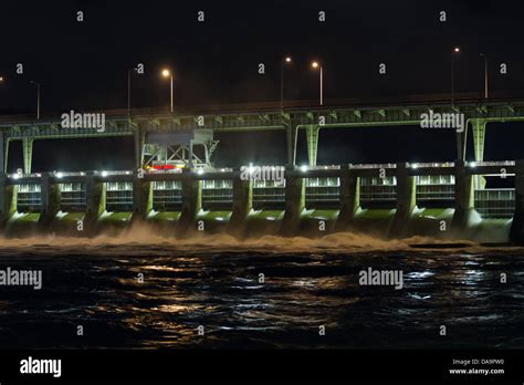 A Night View Of The Chickamauga Dam Floodgates Open At Flood Stage