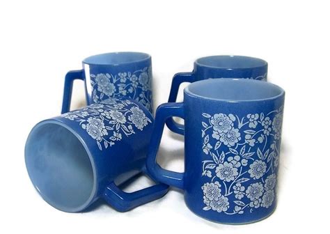 Blue and White Coffee Cups Vintage Federal Glass Retro Floral