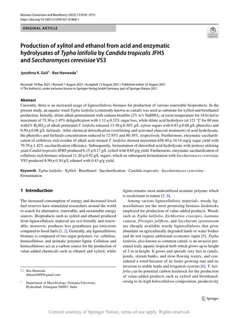 Production Of Xylitol And Ethanol From Acid And Enzymatic Hydrolysates