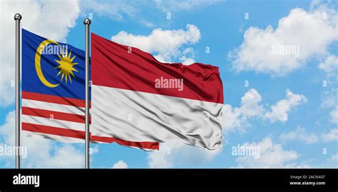 Malaysia and Indonesia flag waving in the wind against white cloudy ...