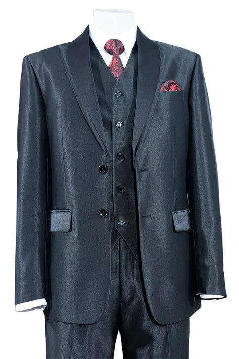 Mens 2 Button Vested Slim Fit Shiny Sharkskin Tuxedo Suit In Black