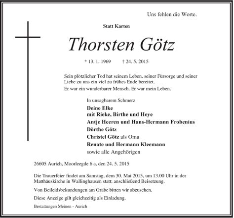 Traueranzeigen von Thorsten Götz nordwest trauer de