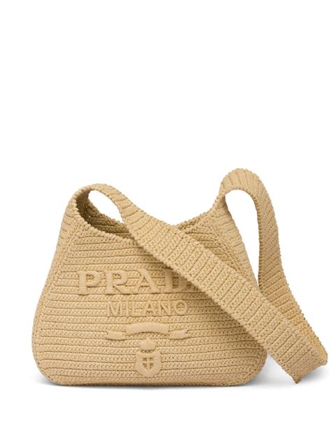 Prada Logo Embossed Raffia Shoulder Bag Neutrals Farfetch