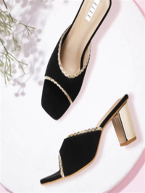 Buy Elle Black And Gold Toned Velvet Finish Block Heels With Embellished Detail Heels For Women