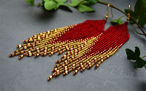 Long Fringe Beaded Red Gold Earrings Seed Bead Earings Etsy Gold