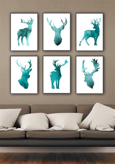 Set Of 6 Deer Figurine Art Print Teal Home Decor Antlers Watercolor