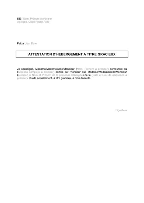 Attestation Hebergement A Titre Gratuit