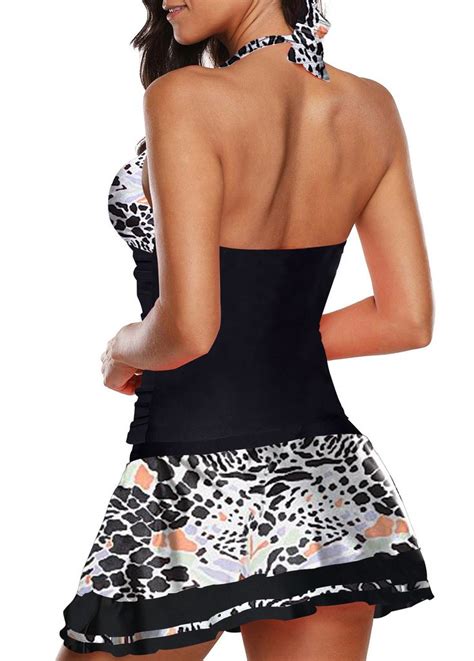 Printed Halter Neck Black Tankini Top And Pantskirt Neck Halter