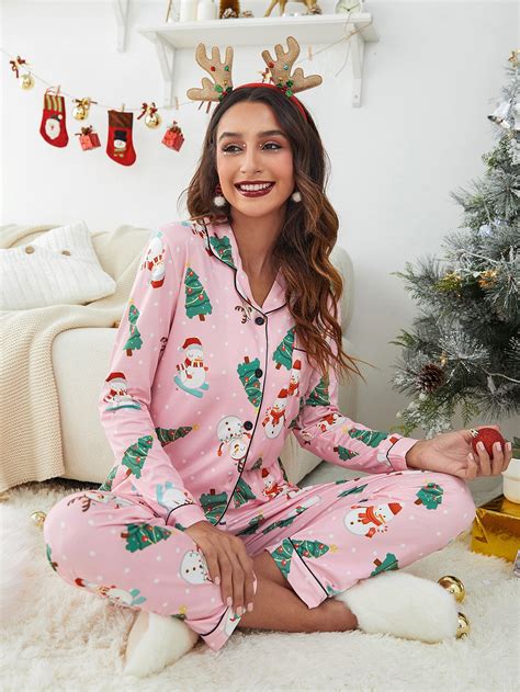 Christmas Print Button Front Pajama Set