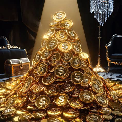 Large Pile Of Gold Coins With Dollar Signs Stacked In Various Heights