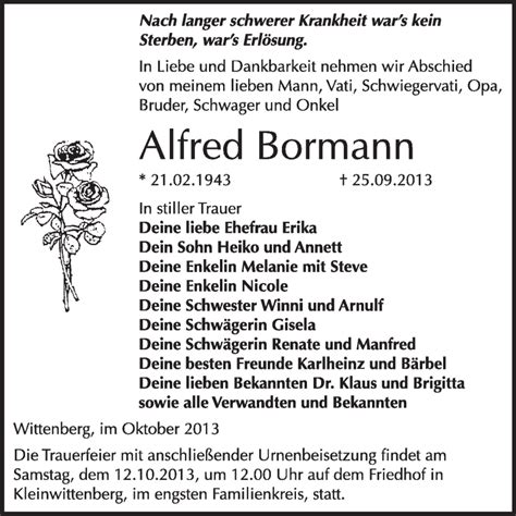 Traueranzeigen Von Alfred Bormann Abschied Nehmen De