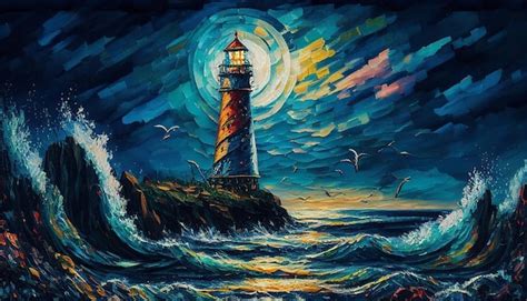 Premium AI Image | A painting of a lighthouse by the sea.