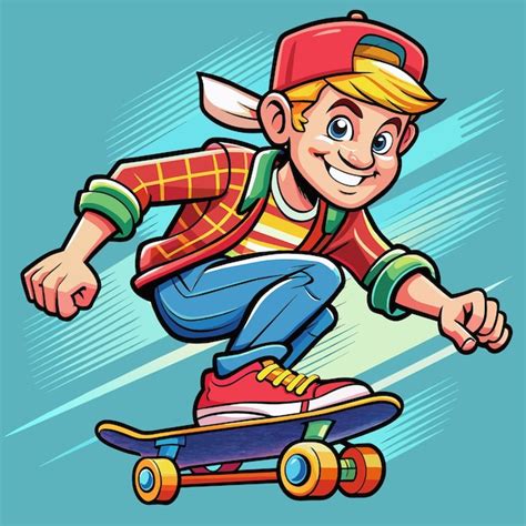 Premium Vector A Cartoon Image Of A Boy On A Skateboard With A Red Hat On