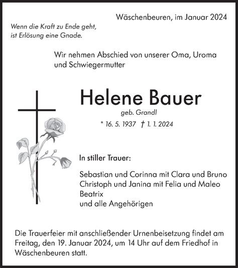 Traueranzeigen Von Helene Bauer Südwest Presse Trauer