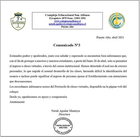 Comunicado Clases Virtuales Colegio San Alfonso