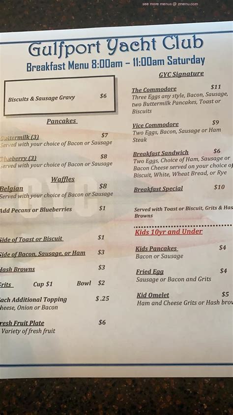 Menu at Gulfport Yacht Club, Gulfport