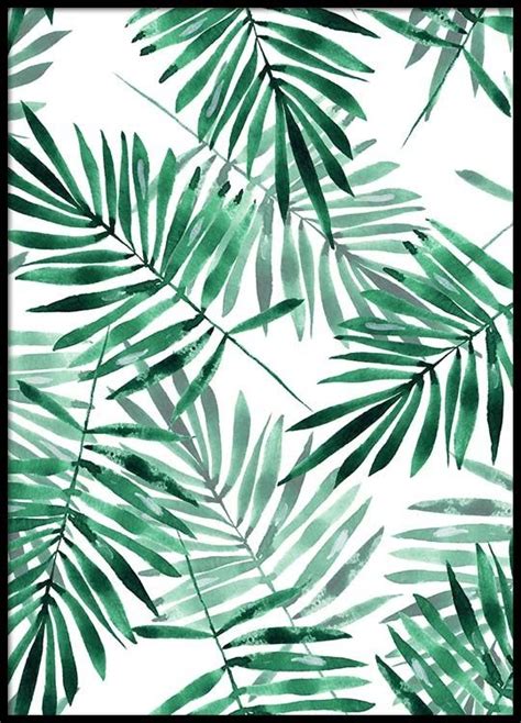 Watercolor Palm Leaves On White Paper With Green And Black Ink Strokes