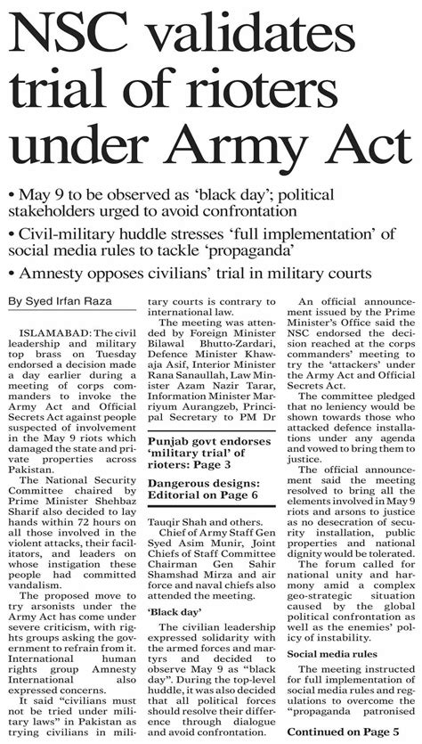 Dawn Epaper May 17 2023 Nsc Validates Trial Of Rioters Under Army Act