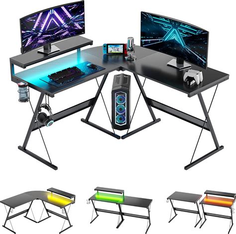 Bestier L Shaped Gaming Desk Computer Desk With Led Lights Monitor