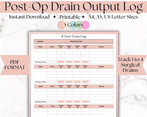 Surgical Drain Logs Post Op JP Drain Record Mastectomy Drain Tracker