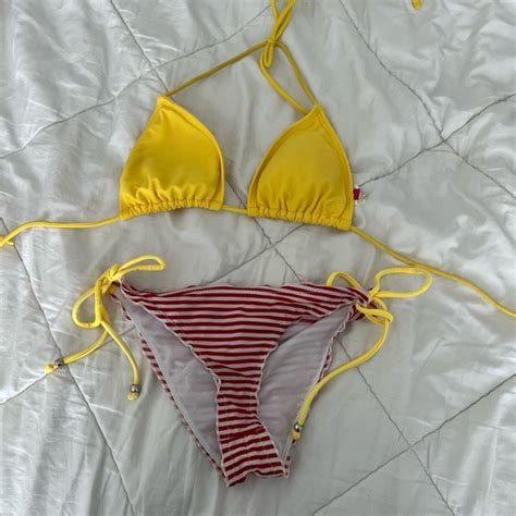 Roxy Swim Red And White Striped Bottoms Yellow Triangle Bikini Top