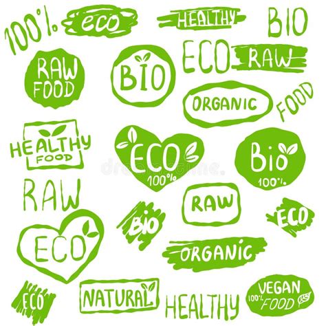 Eco Organic Labels Bio Ecology Vegan Badges Hand Drawn Set Stock