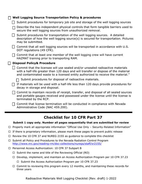 Nevada Radioactive Materials Ram Well Logging Licensing Checklist