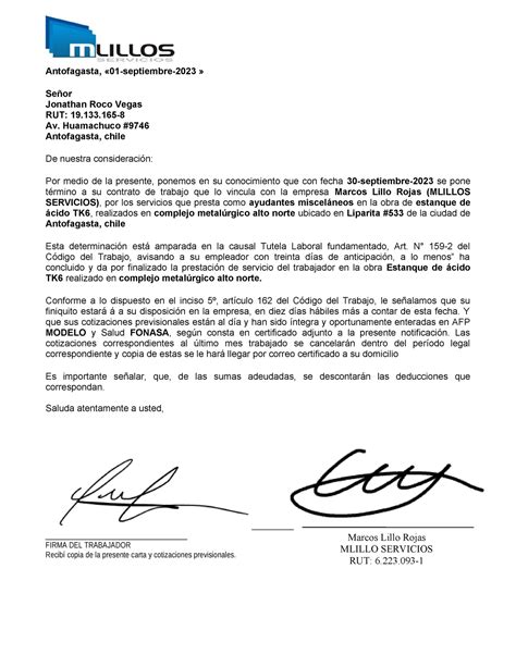 Carta Aviso 159 5 Termino De Obra Antofagasta 01 Septiembre 2023 Señor Jonathan Roco