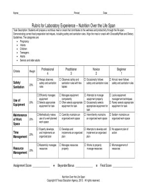 Fillable Online Rubric For Laboratory Experience Nutrition Over The