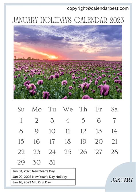 January Holidays Calendar 2023 – Printable Template in PDF