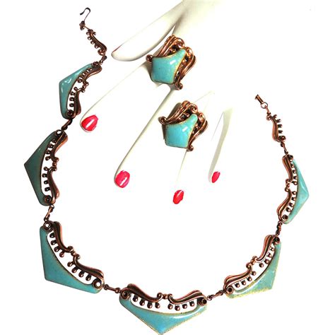 Gorgeous Matisse Copper Enamel Vintage Necklace And Earrings From