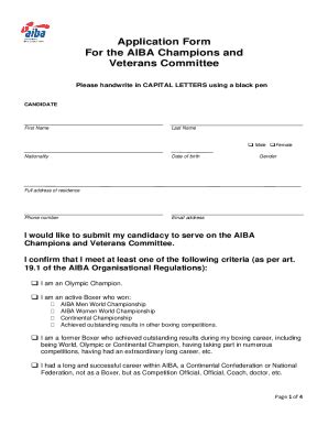 Fillable Online Application Form For The Aiba Champions And Veterans