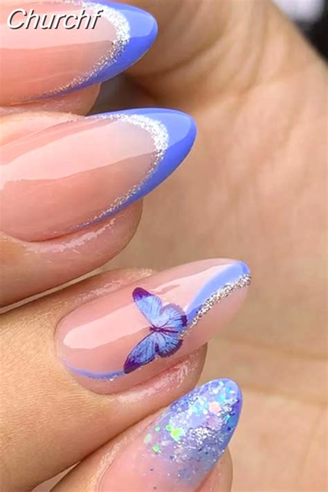 Churchf Almond Fake Nail Tips With Designs Cute Blue Purple Butterfly