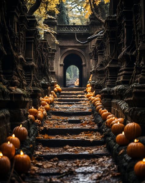 Premium Photo Arafed Stone Steps With Pumpkins And Candles In Front