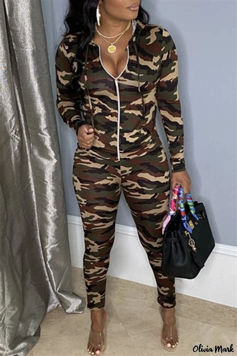 Olivia Mark Camouflage Print Patchwork Hooded Two Piece Set