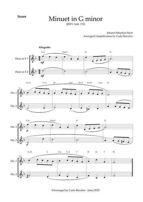 Minuet In G Minor Bwv Anh Bach Horns Chords Arr Cadu Barcelos