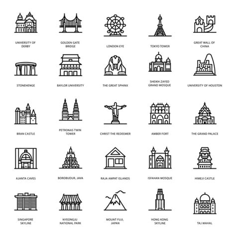 Landmark Thin Line Icons Set Pixel Perfect Icon Stock Vector