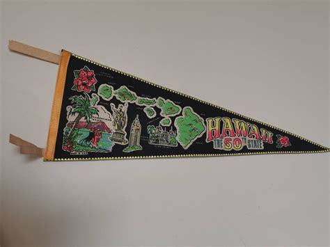 Vintage 70s Hawaii The 50th State Pennant Large Felt Souvenir Tikki