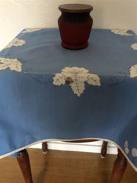 Vintage Hand Embroidered Tablecloth Blue With White Flowers Etsy