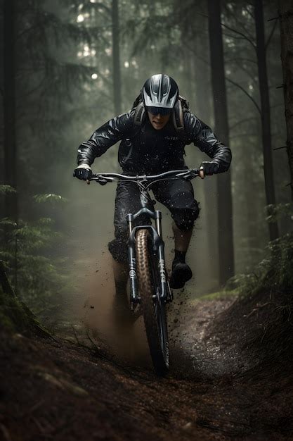 Premium Ai Image A Man Riding A Mountain Bike In The Woods With A