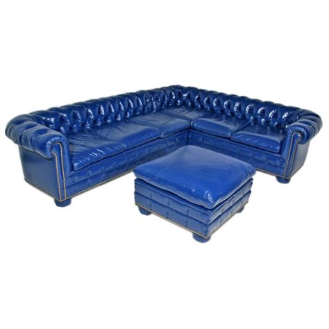 Bright blue leather chesterfield sectional sofa with ottoman at 1stDibs ...