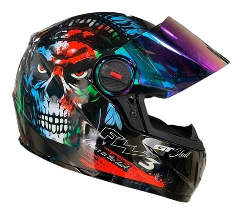 Capacete Moto Fw3 Caveira Viseira Cristal Fumê E Camaleão